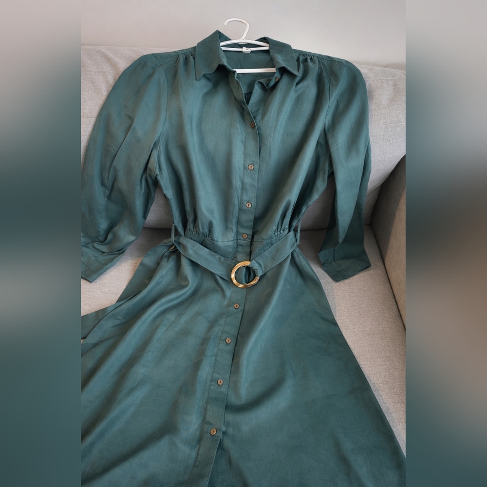 Mango Teal Long Sleeve Button-Front Midi Dress with Belt